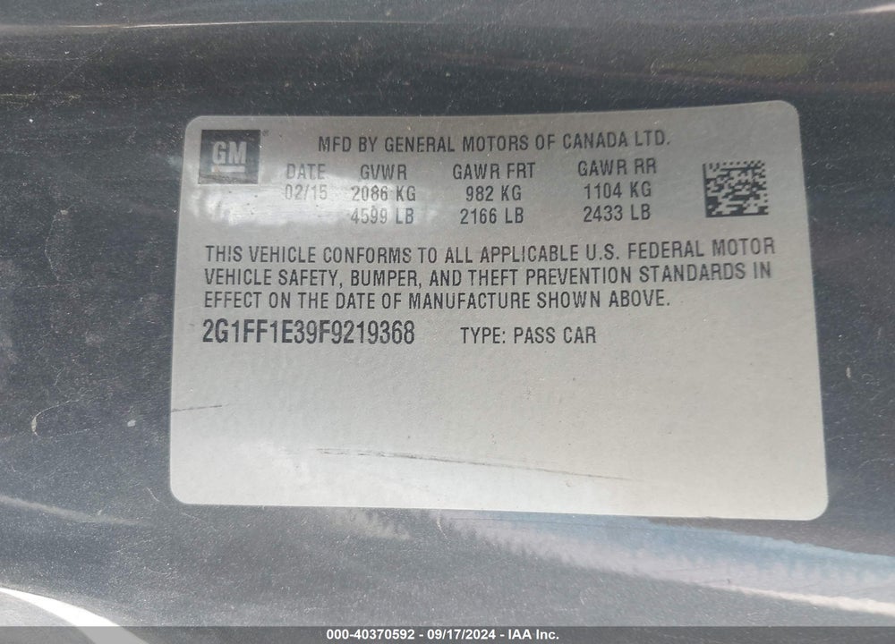 2015 CHEVROLET CAMARO 2LT VIN: 2G1FF1E39F9219368