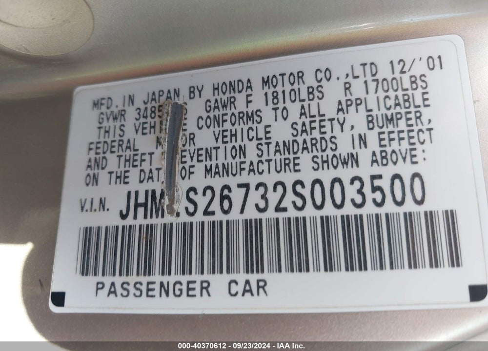 2002 HONDA CIVIC EX VIN: JHMES26732S003500