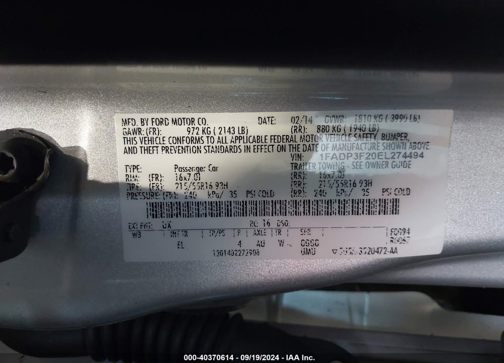 2014 FORD FOCUS SE VIN: 1FADP3F20EL274494