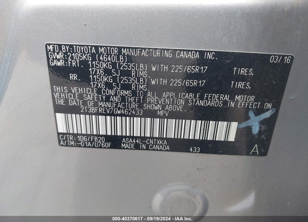 2016 TOYOTA RAV4 LE VIN: 2T3BFREV7GW462433