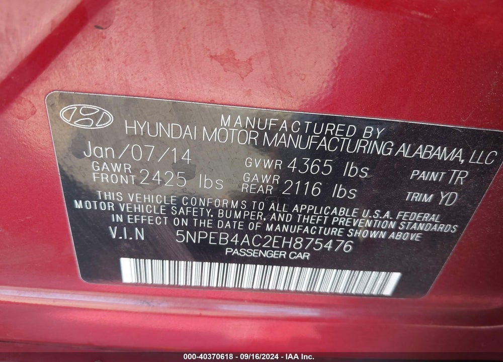 2014 HYUNDAI SONATA GLS VIN: 5NPEB4AC2EH875476