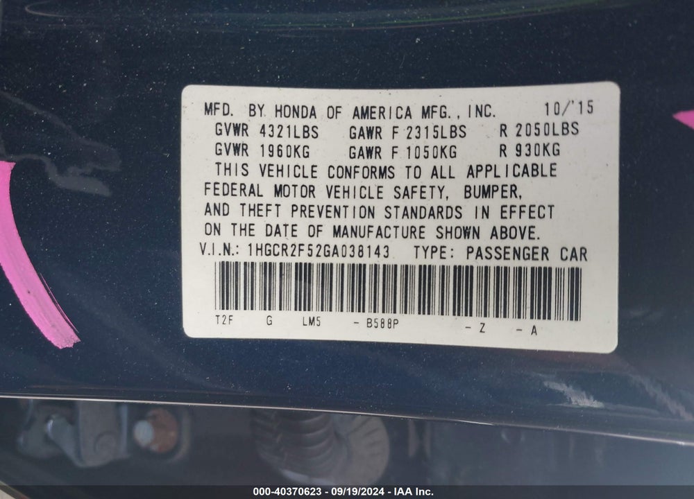 2016 HONDA ACCORD SPORT VIN: 1HGCR2F52GA038143