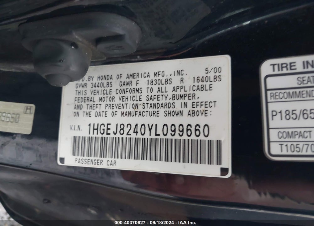 2000 HONDA CIVIC EX VIN: 1HGEJ8240YL099660