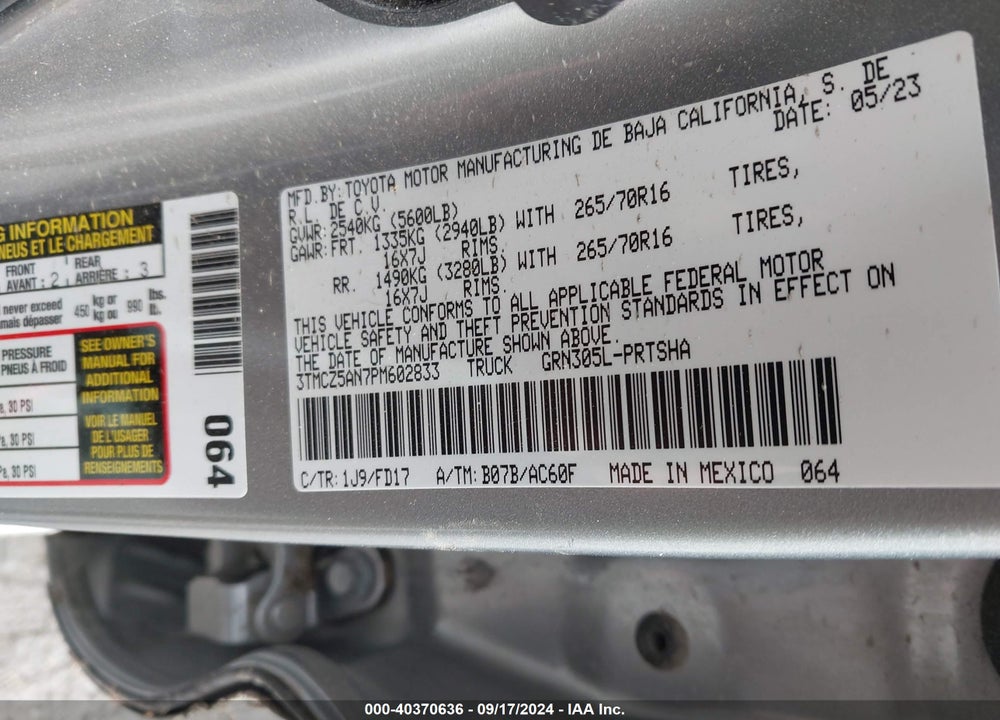 2023 TOYOTA TACOMA TRD OFF ROAD VIN: 3TMCZ5AN7PM602833