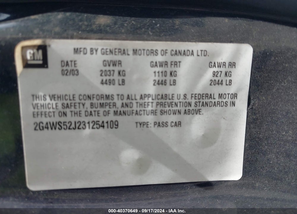 2003 BUICK CENTURY CUSTOM VIN: 2G4WS52J231254109