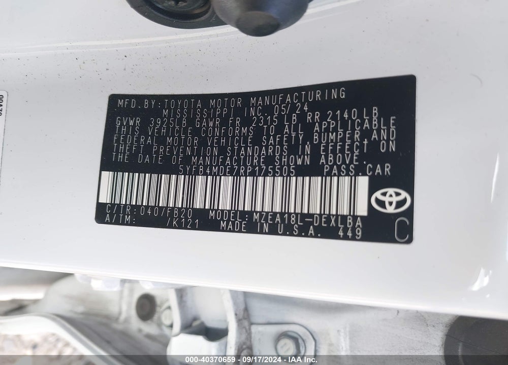 2024 TOYOTA COROLLA LE VIN: 5YFB4MDE7RP175505