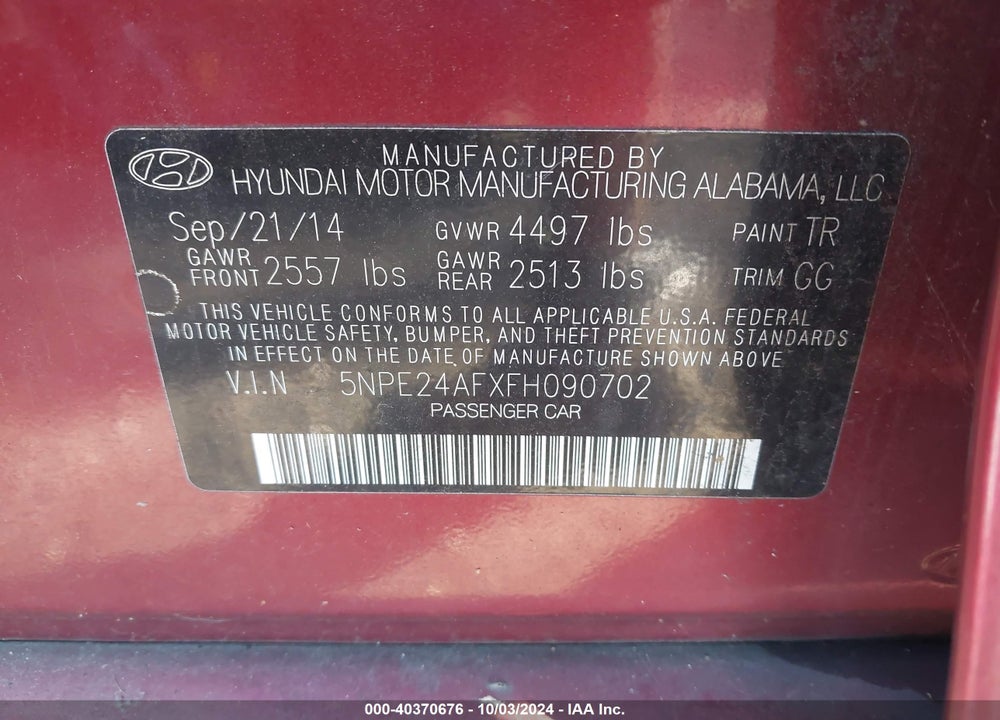 2015 HYUNDAI SONATA SE VIN: 5NPE24AFXFH090702
