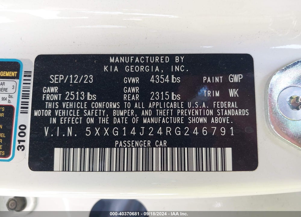 2024 KIA K5 LXS VIN: 5XXG14J24RG246791