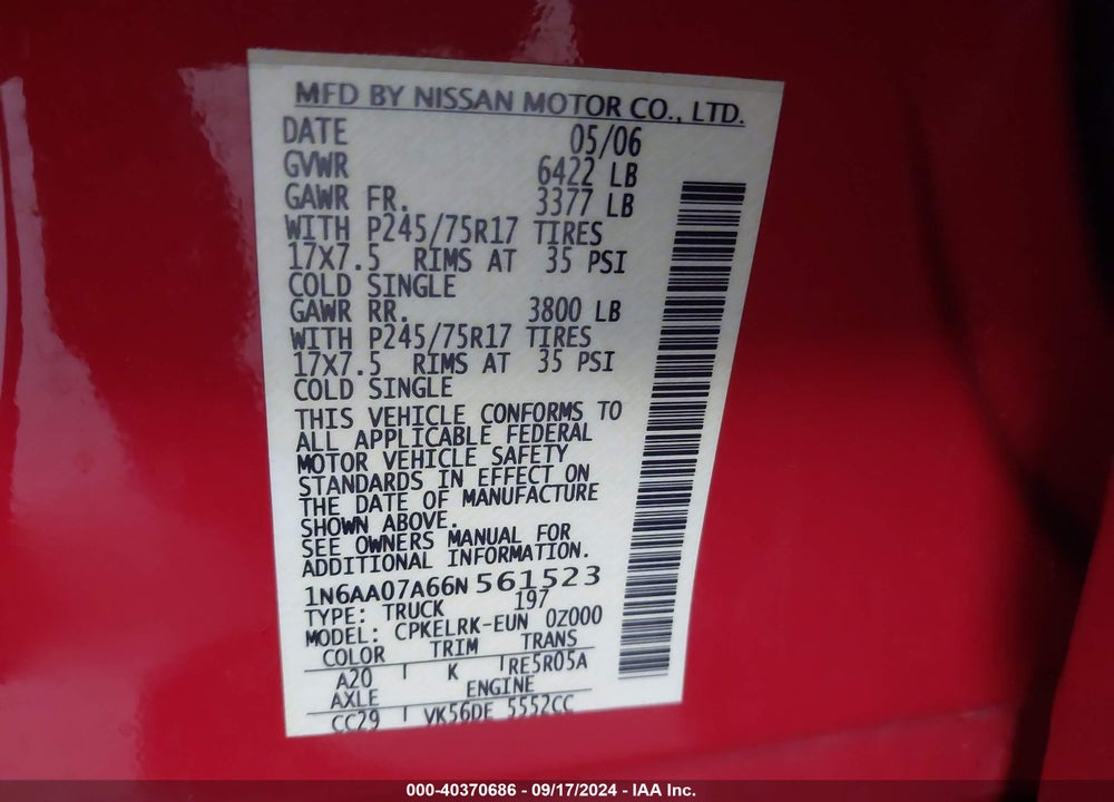 2006 NISSAN TITAN XE VIN: 1N6AA07A66N561523