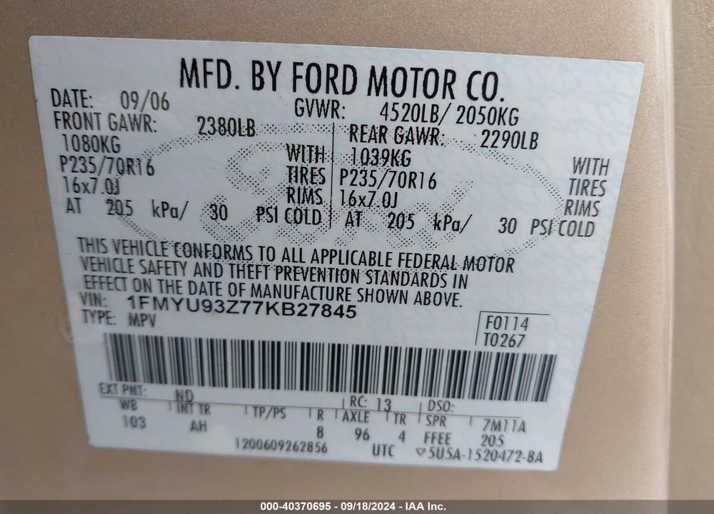2007 FORD ESCAPE VIN: 1FMYU93Z77KB27845