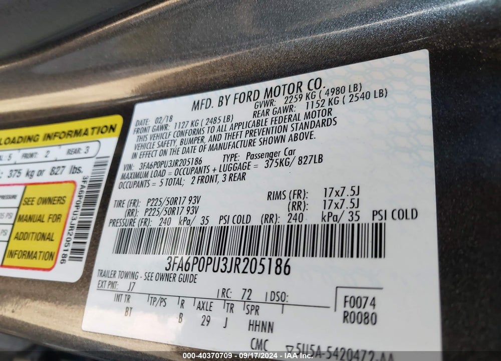 2018 FORD FUSION ENERGI SE LUXURY VIN: 3FA6P0PU3JR205186