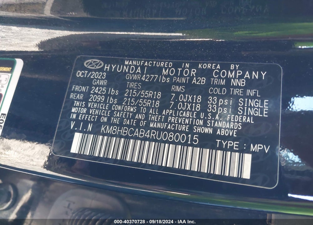 2024 HYUNDAI KONA SEL VIN: KM8HBCAB4RU080015