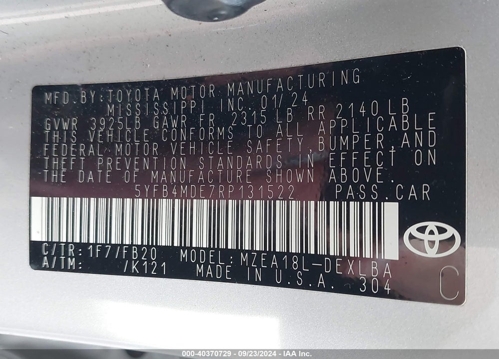 2024 TOYOTA COROLLA VIN: 5YFB4MDE7RP131522