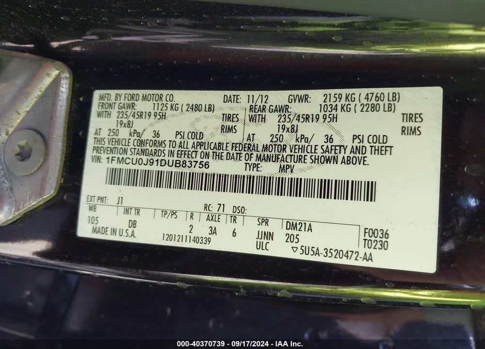 2013 FORD ESCAPE TITANIUM VIN: 1FMCU0J91DUB83756