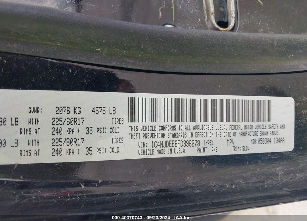 2015 JEEP COMPASS HIGH ALTITUDE EDITION VIN: 1C4NJDEB8FD396278