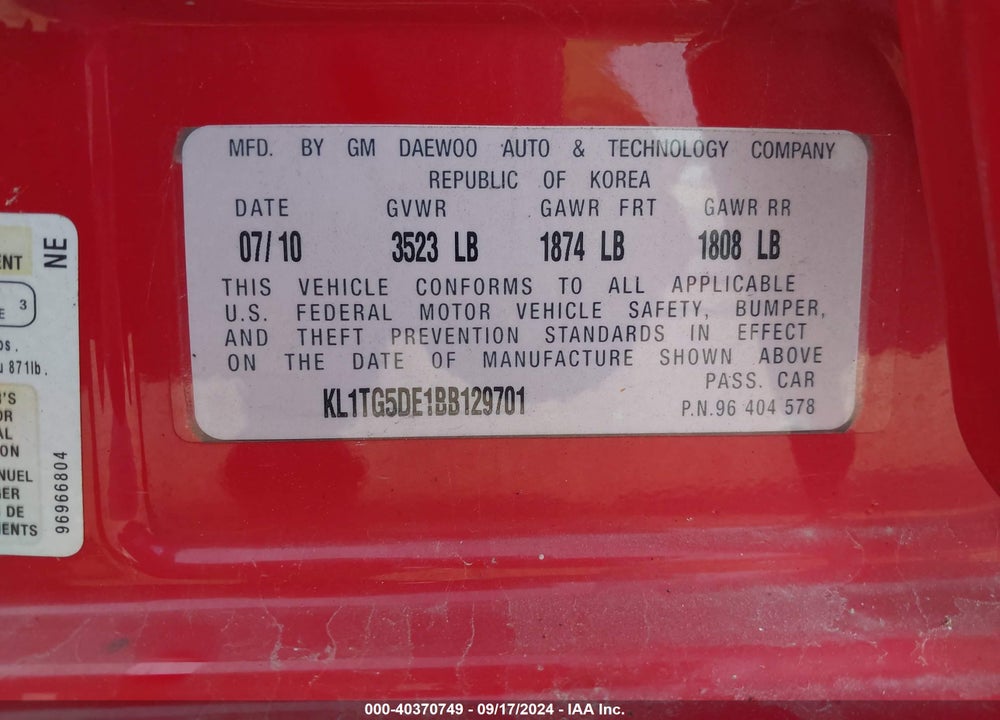 2011 CHEVROLET AVEO 2LT VIN: KL1TG5DE1BB129701