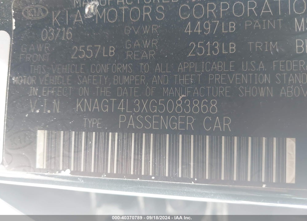 2016 KIA OPTIMA LX VIN: KNAGT4L3XG5083868