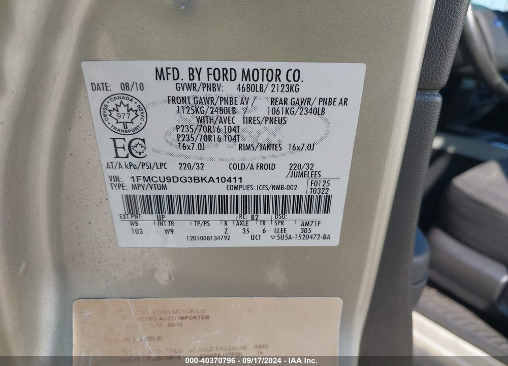 2011 FORD ESCAPE XLT AUTOMATIC VIN: 1FMCU9DG3BKA10411
