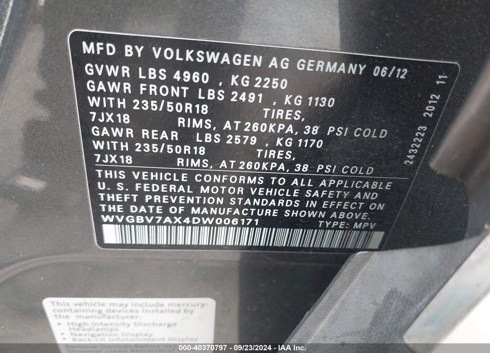 2013 VOLKSWAGEN TIGUAN SE VIN: WVGBV7AX4DW006171