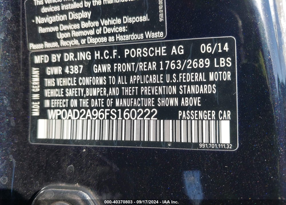 2015 PORSCHE 911 VIN: WP0AD2A96FS160222
