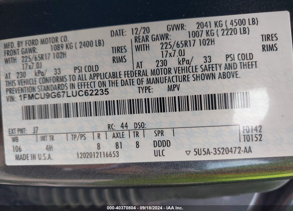 2020 FORD ESCAPE SE VIN: 1FMCU9G67LUC62235