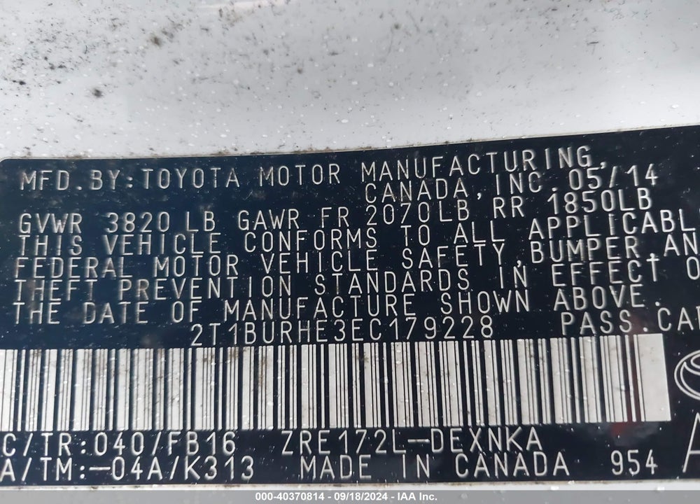2014 TOYOTA COROLLA LE VIN: 2T1BURHE3EC179228