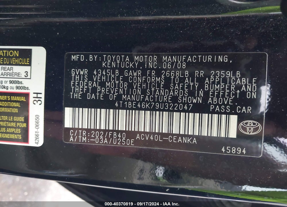 2009 TOYOTA CAMRY LE VIN: 4T1BE46K79U322047