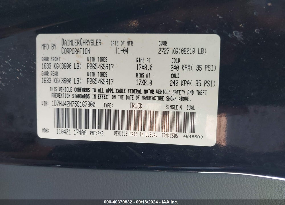 2005 DODGE DAKOTA SLT VIN: 1D7HW42N75S167300