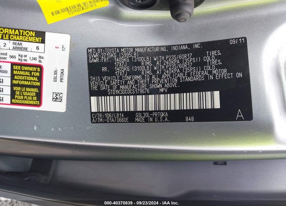 2012 TOYOTA SIENNA XLE V6 8 PASSENGER VIN: 5TDYK3DC0CS179676
