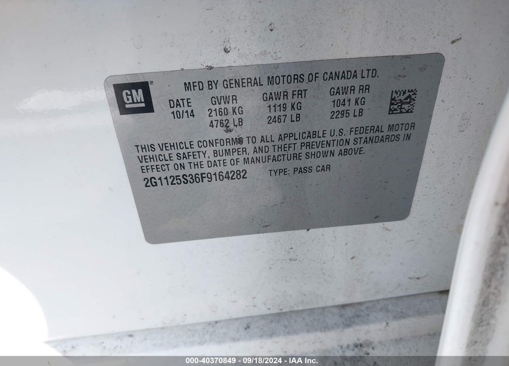 2015 CHEVROLET IMPALA 2LT VIN: 2G1125S36F9164282