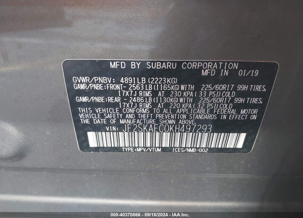 2019 SUBARU FORESTER PREMIUM VIN: JF2SKAEC0KH497293