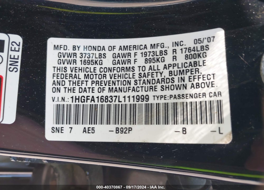 2007 HONDA CIVIC VIN: 1HGFA16837L111999