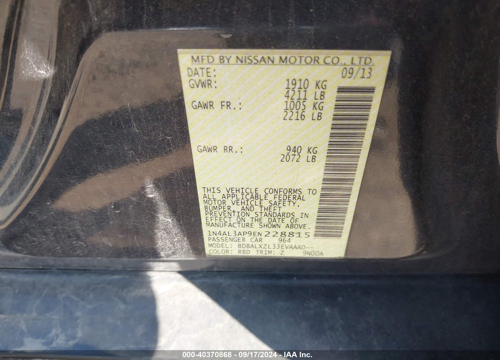2014 NISSAN ALTIMA 2.5 SL VIN: 1N4AL3AP9EN228815