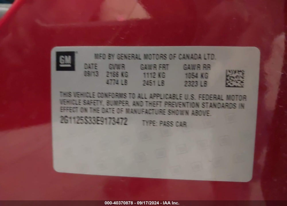 2014 CHEVROLET IMPALA 2LT VIN: 2G1125S33E9173472