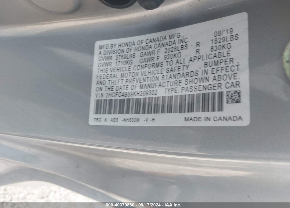 2019 HONDA CIVIC VIN: 2HGFC4B89KH309302