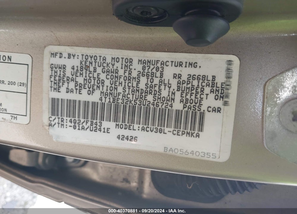 2003 TOYOTA CAMRY LE VIN: 4T1BE32K53U246724