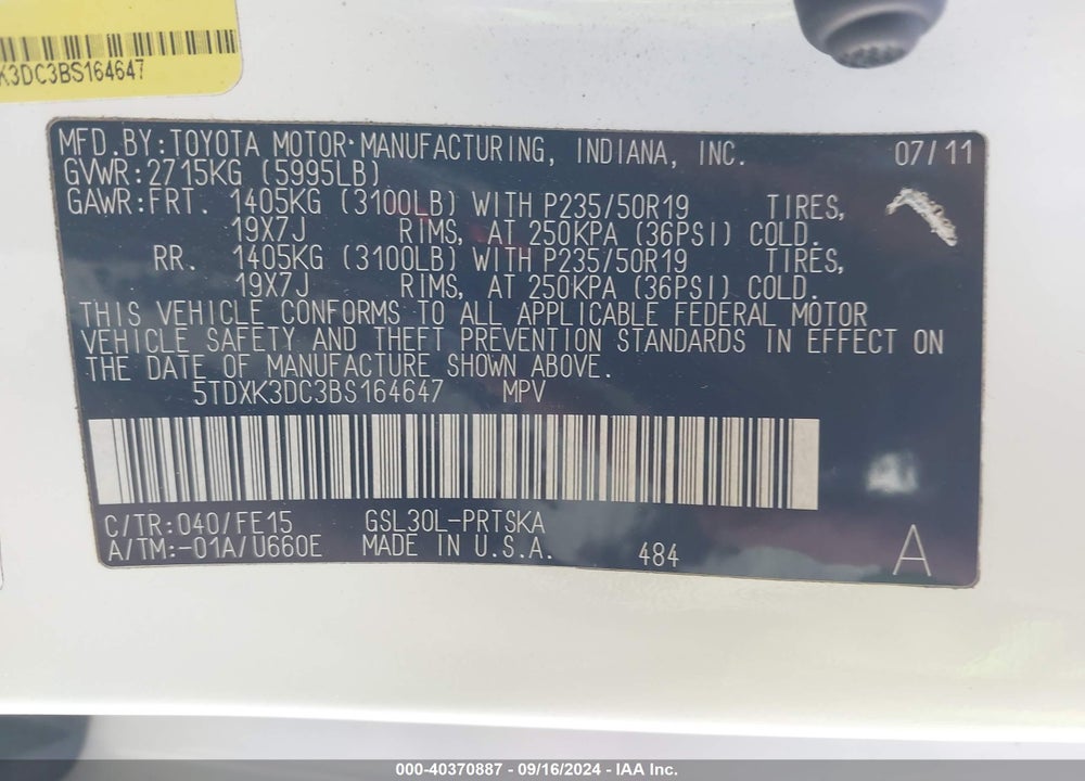 2011 TOYOTA SIENNA SE VIN: 5TDXK3DC3BS164647