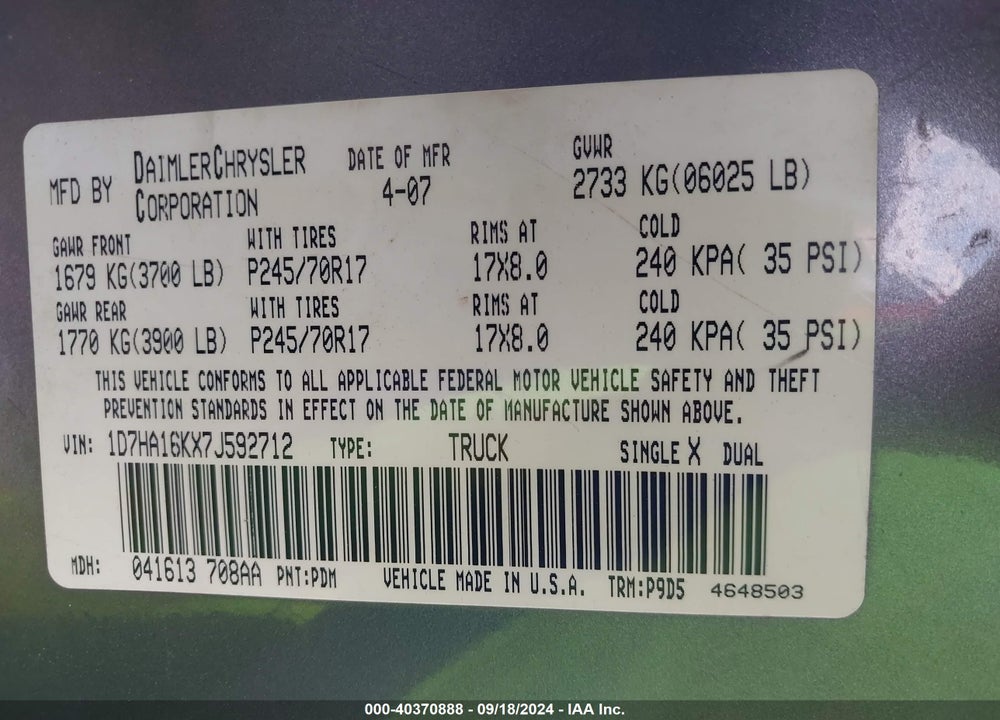 2007 DODGE RAM 1500 ST VIN: 1D7HA16KX7J592712