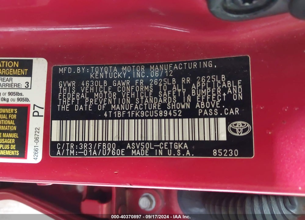 2012 TOYOTA CAMRY XLE VIN: 4T1BF1FK9CU589452