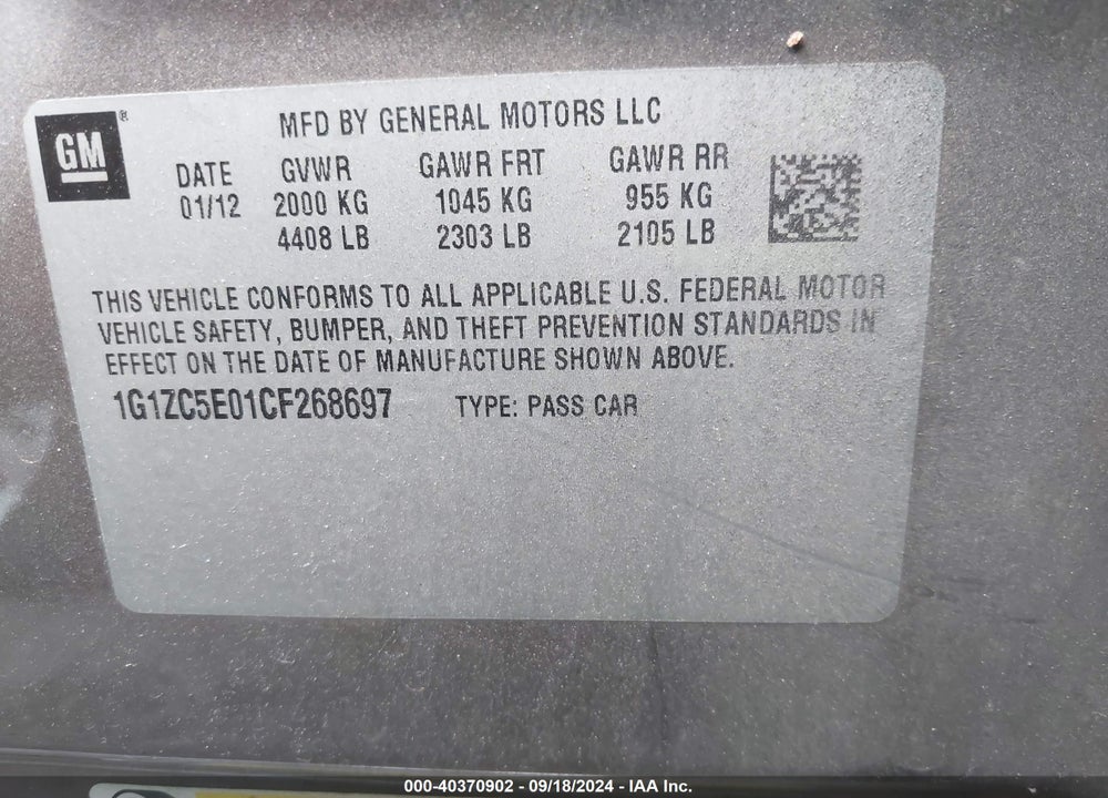 2012 CHEVROLET MALIBU 1LT VIN: 1G1ZC5E01CF268697