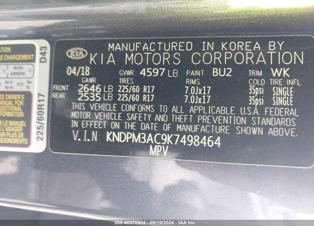 2019 KIA SPORTAGE LX VIN: KNDPM3AC9K7498464