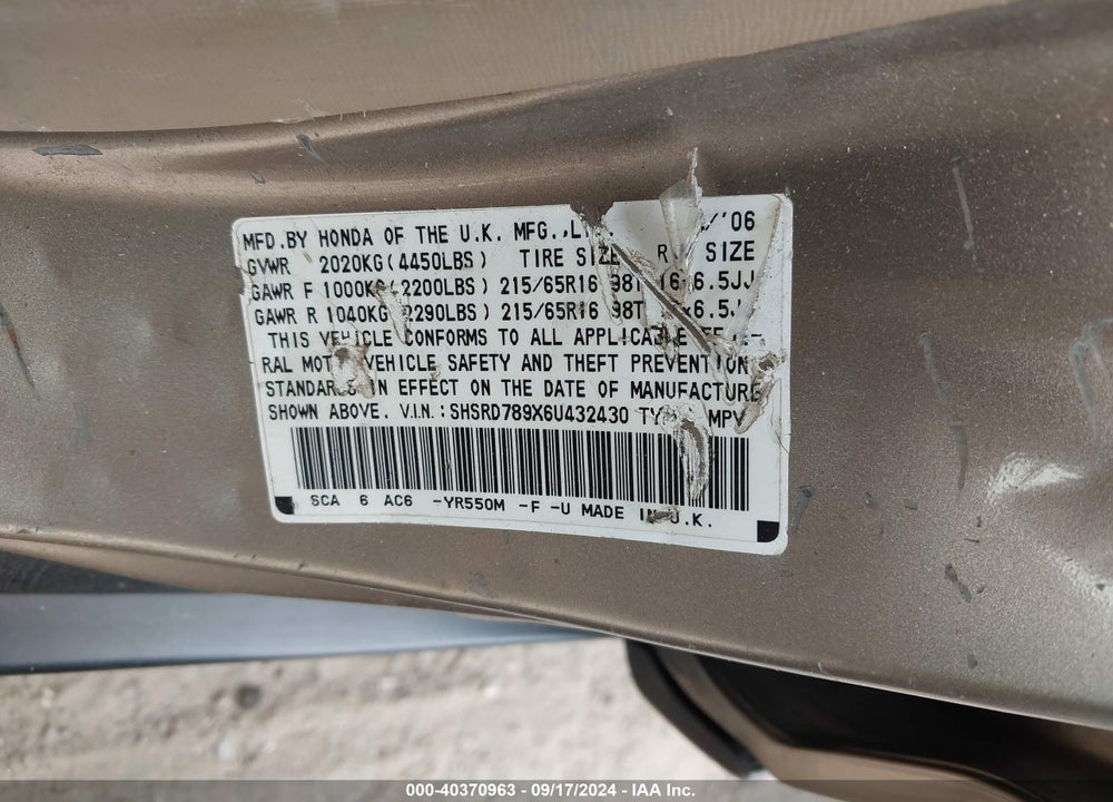 2006 HONDA CR-V SE VIN: SHSRD789X6U432430