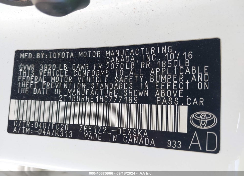 2017 TOYOTA COROLLA SE VIN: 2T1BURHE1HC777189