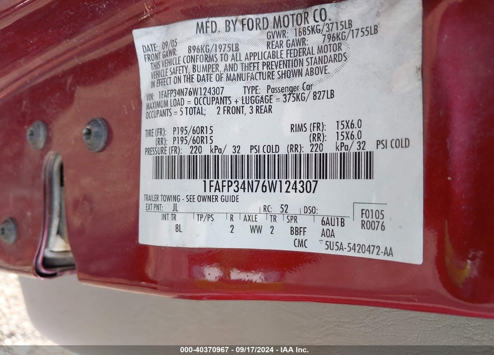 2006 FORD FOCUS ZX4 VIN: 1FAFP34N76W124307