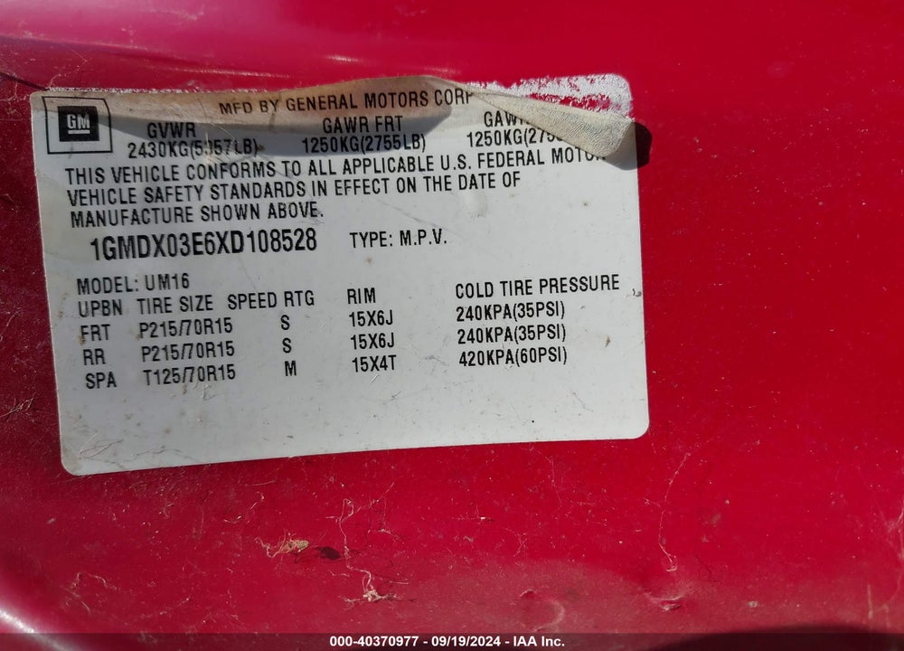 1999 PONTIAC MONTANA VIN: 1GMDX03E6XD108528