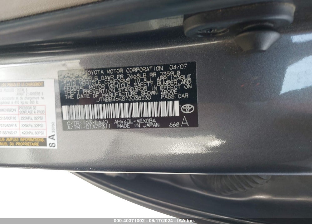2007 TOYOTA CAMRY HYBRID VIN: JTNBB46K873038230