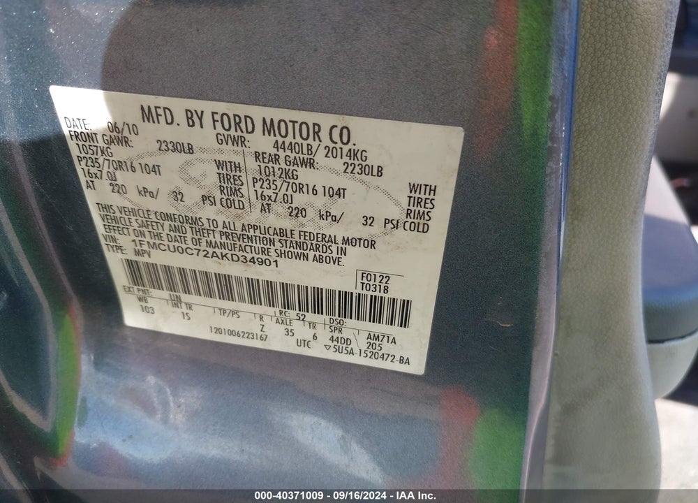2010 FORD ESCAPE XLS VIN: 1FMCU0C72AKD34901