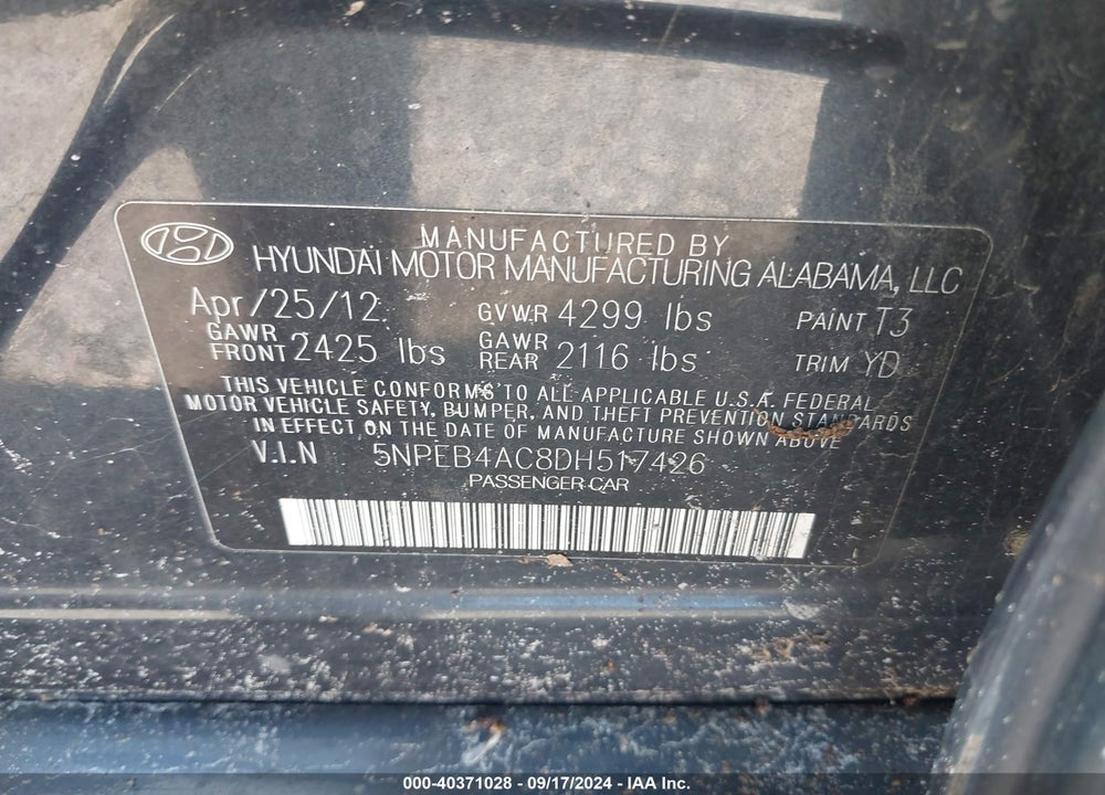 2013 HYUNDAI SONATA GLS VIN: 5NPEB4AC8DH517426