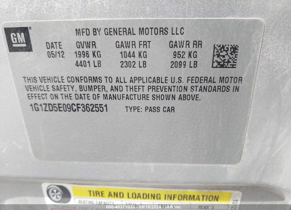 2012 CHEVROLET MALIBU 2LT VIN: 1G1ZD5E09CF362551