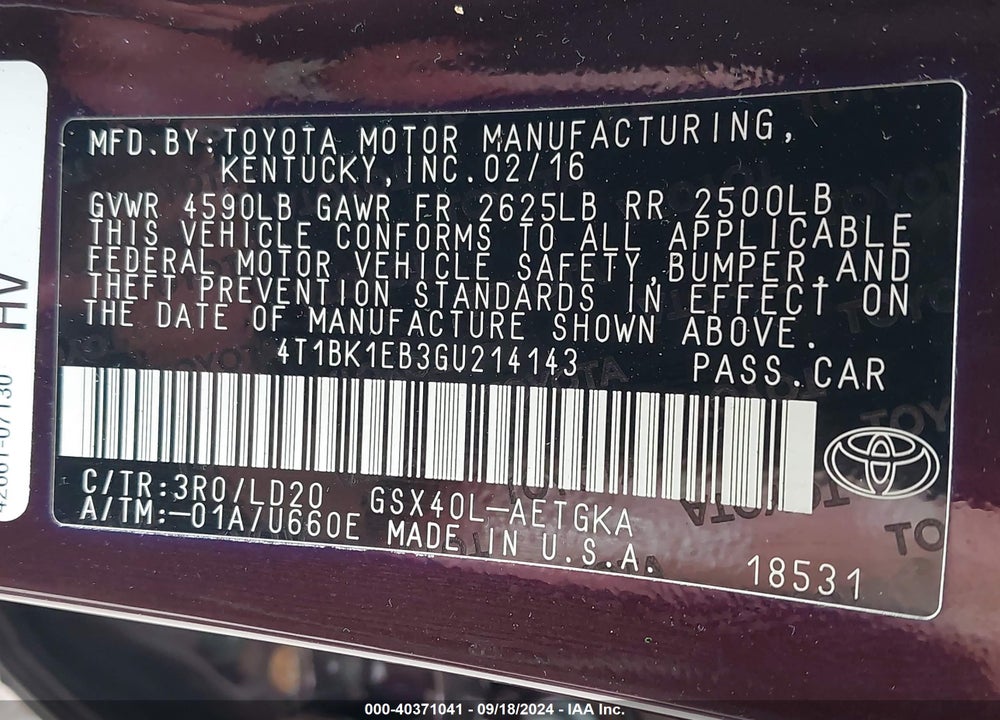 2016 TOYOTA AVALON XLE VIN: 4T1BK1EB3GU214143